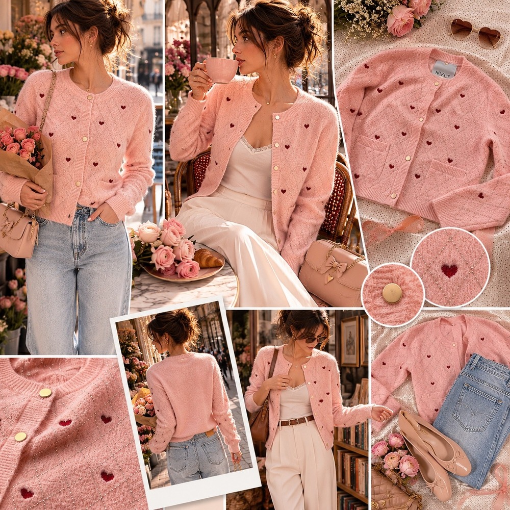 NVLT‎ Heart Embroidered Rhinestone Argyle Cardigan Sweater Pink Gold Snaps NWT S